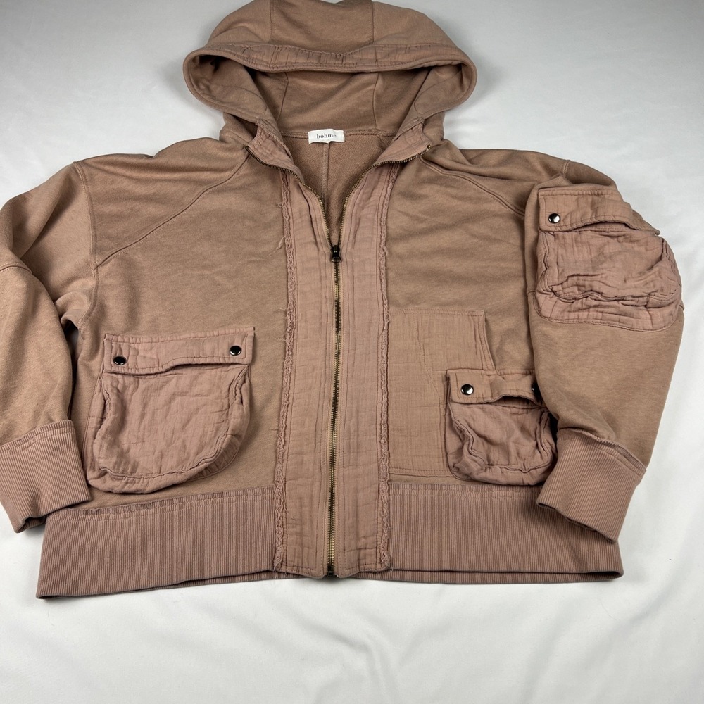 Bohme Womens XS Mauve Taupe Cargo Utility Full Zip Hoodie Mixed Media BHM229